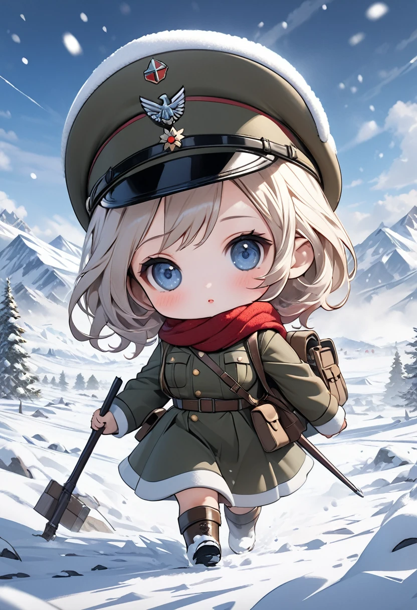 
Landscape paintings drawn with ultra-high resolution digital paintings,Depicting the winter battlefield scenery of World War II,(A Extremely Chibi style girl soldier from the former German army is walking alone through a snowy battlefield:1.5) .A beautiful and fantastical depiction of a winter battlefield, with snowflakes dancing beautifully in front of the camera.High quality, high definition, (masterpiece, best quality, 4k, 8k:1.5) , ultra detail,Ultra-fine painting, movie-like scenery, fantastic riding,