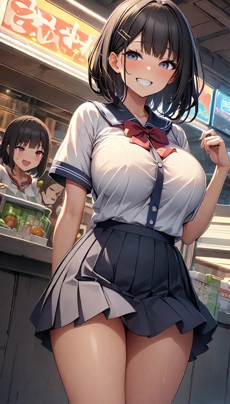 Angle from behind、Black bob hair、hairpin、high school girl、color々Location、Grin、Smiling and drooling、Big breasts sway、shake、shake、、Browsing Caution、