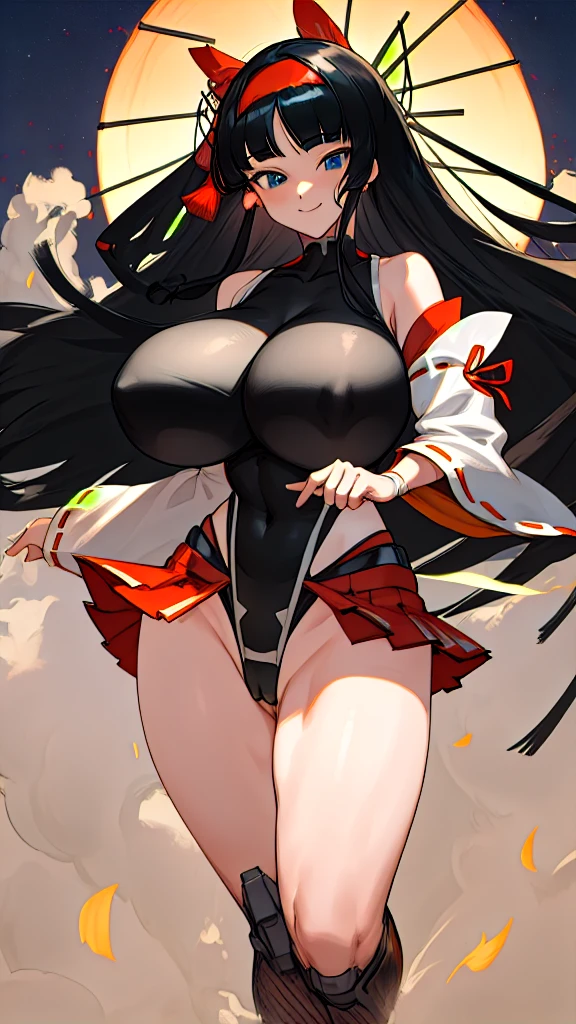 masterpiece, best quality, CG, wallpaper, HDR, high quality, high-definition, extremely detailed, taimanin leotard, Girl in Japanese shrine maiden outfit, (Hime cut), (super long black hair),(((straight bangs, blunt bangs))),(White headband), Blue eyes, super long black hair, hair ornament, ribbon, smile, Showing her breasts, (Huge breasts:1.3), Cleavage, White kimono, Shoulder-exposing sleeves, open-chested costume, Short skirt, Red Skirt, (upskirt), cameltoe, dynamic pose, city, night, thick thighs,