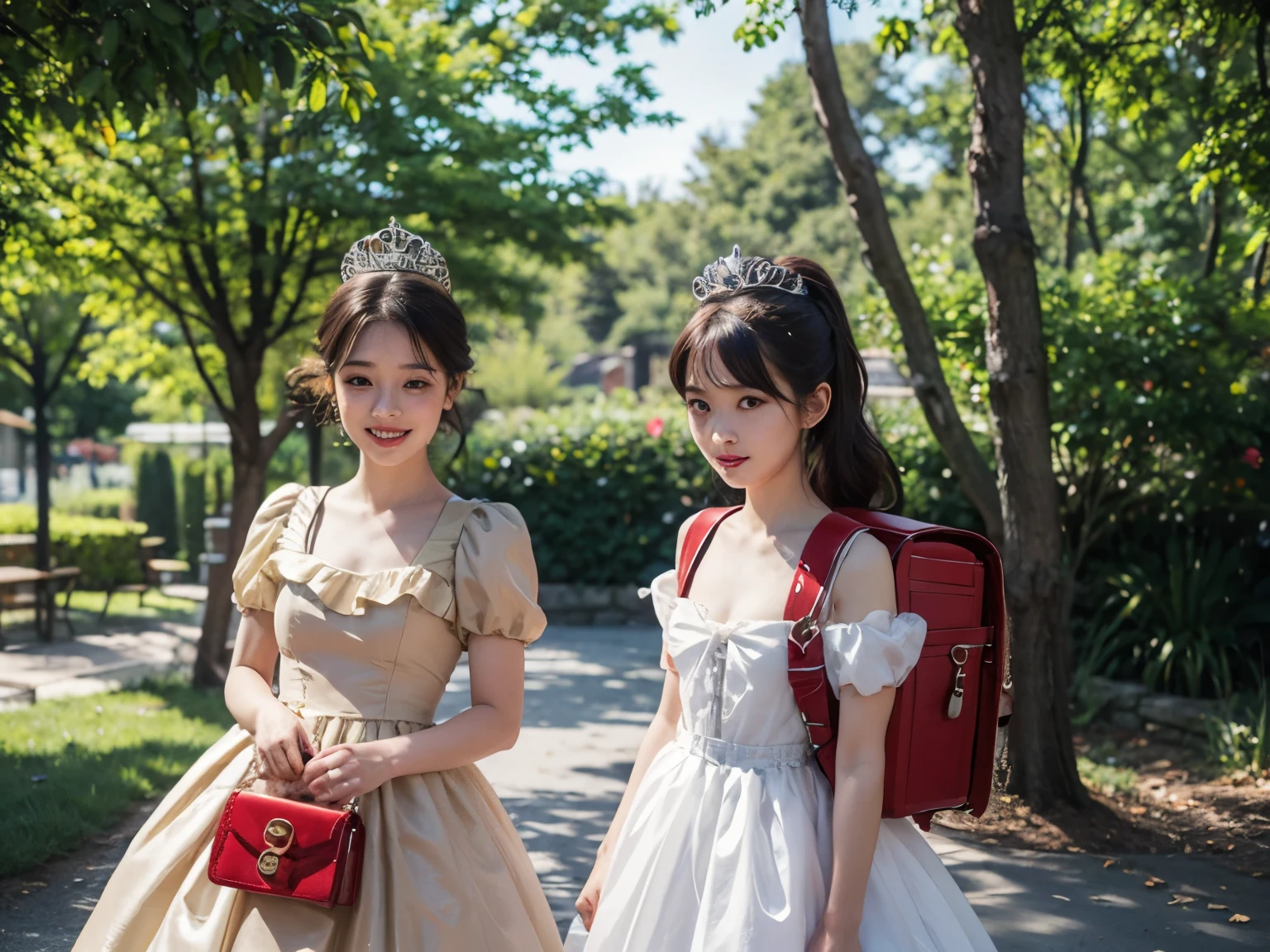 Masterpiece, hd, realistic, 2 girl, 2 girl standing each other, beautiful girl, smiling, ((1girl, regal, (fairy dress),ta dress, vibrant, vivid, (bows), brown hair, ponytail, wearing Tiara, wearing backpack)), ((1girl, regal, (fairy dress),Loliress, vibrant, vivid, (bows), brown hair, ponytail, wearing Tiara, holding purses)), standing, outdoor