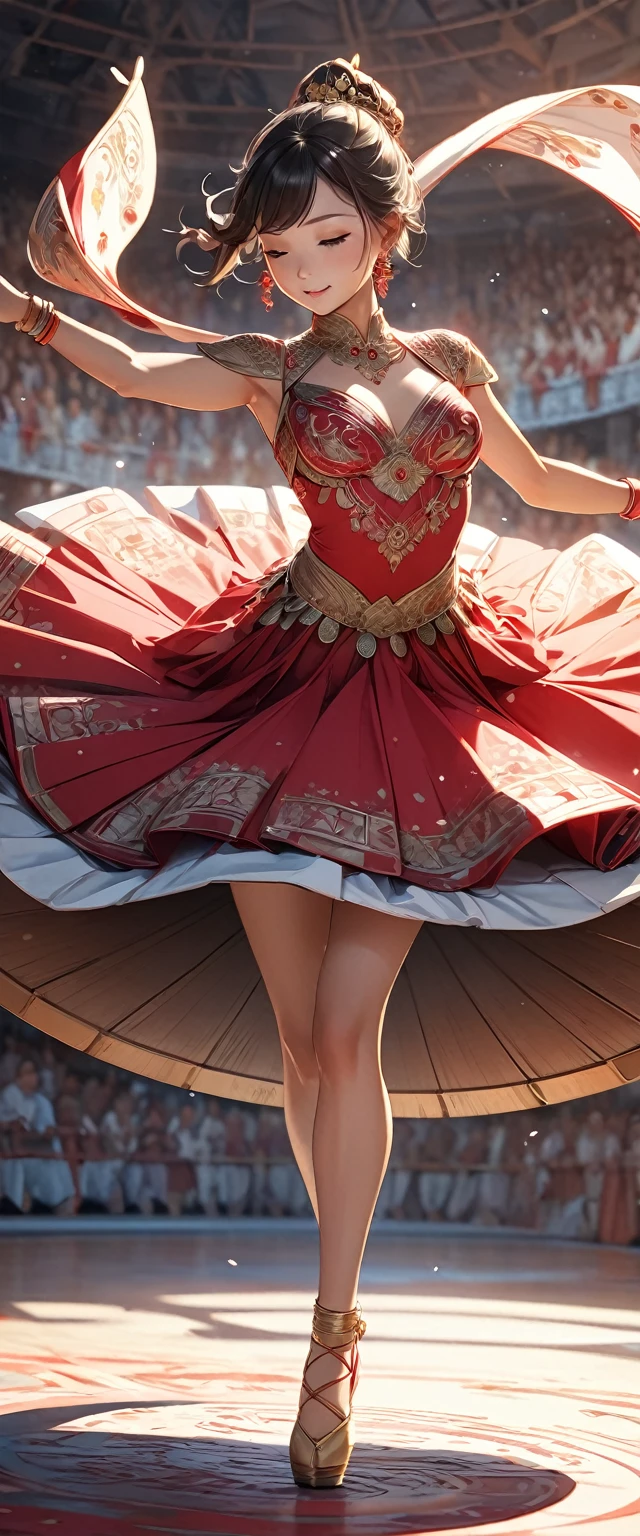 Wearing red classical dance costume.Dancing on the drum.close-up.Beautiful and extremely textured foreground and background，detailed, bright, Animation style high definition and high quality presentation((Masterpieces in up to 16K resolution):1.6),((soft_color_photography:)1.5), ((Super detailed):1.4),((Typical static images and dynamic angles):1.3), ( perfect anatomy )Complex patterns, soft shadows, highly detailed structures, digital art, high detail, 