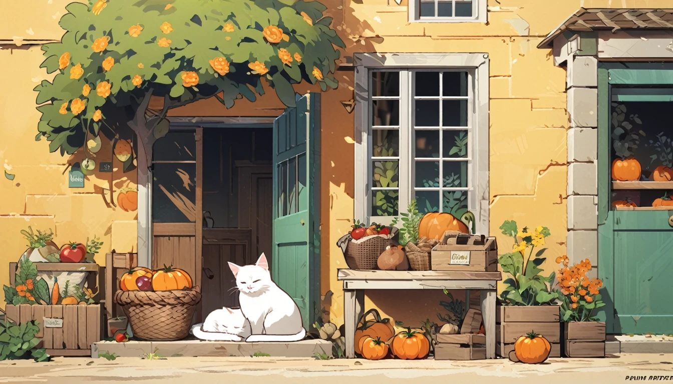fresh illustration, flat paint style, no humans, leaf,plant, grass, flower, carrot, basket, food, white cat, tomato, simple background, fruit, pumpkin, sitting, potted plant, lettuce, door, closed eyes, yellow flower, tree, open window, apple, storefront, artist name, vegetable, crate, curtains, orange flower, scenery, outdoors, windowsill, mushroom, english text, yellow background, sign, sleeping, house, signature,