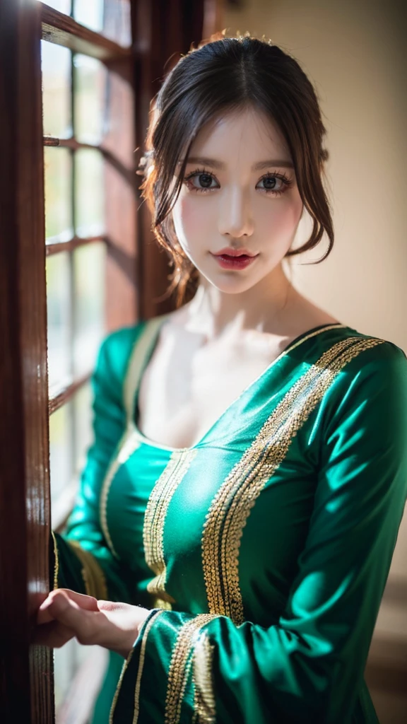 (((HD photo))), ultra high res.photorealistic:. 1.4, UHD1 girl,beautiful detailed eyes,beautiful detailed lips,extremely detailed face,long eyelashes,medium:oil painting,soft lighting,impressionistic style,red colors,beautifully shalwar kameez dressed,wistful expression,standing with one hand on the window frame,gentle breeze blowing her hair,warm sunlight streaming through the window,green plants visible outside the window,soft curtains framing the girl,peaceful atmosphere,serene and tranquil ambiance