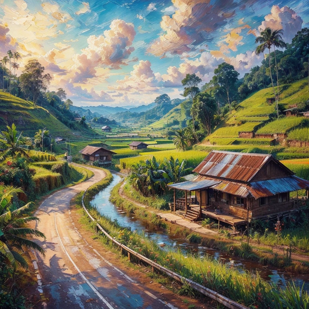 impressionist oil painting with impasto brush strokes, vibrant colors, On a highway for cars, the left side of the winding There is a paddy field in the flat area of Malaysia, On the right side of the tar road there is a village house with a rusty zinc roof, There is a wooden platform to sit on, there is a paddy field around the village house, There are coconut trees, Banana Tree, Weeds, Green hills, The sky and the clouds are clear