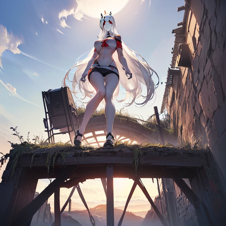(8k, Realistic, RAW Photos, Highest quality, (from below:2),looking at the camera: 1.3), (Fox Girl, Fox Ears, Silver Hair, One Girl, Long Hair, (Alone on the screen, dark skin), High definition:1.6), (Bikini armor, armor:2), (Body measurements are 99-55-77!, Height: 145cm, Nice body, Big Breasts, slender, muscle, (Stand with your legs apart, I can see the valley):1.9),(美しいface, Delicate drawing, It is written down in detail), Avatar, face, 色っぽいface, Dominant representation, naughty face, Uplifting, Skin Texture, outside, ruins, Ruined City, Broken Building, There are no people