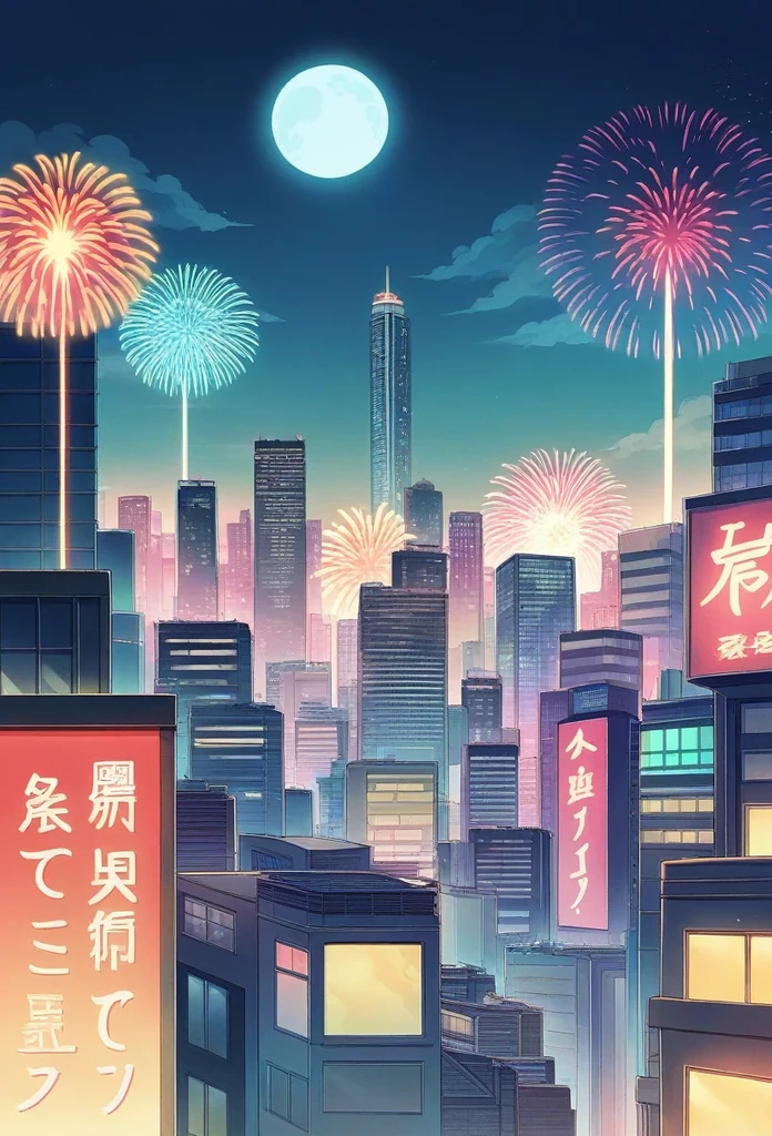Fireworks in the sky、Bright cityscape with a full moon shining, Digital Art inspired by Hiroshi Nagai, Shutterstock Contest Winner, Digital Art, colorful city, Tokyo Background, Urban Background, Neon City in the background, Tokyo Mural, neo Tokyo Background, Vibrant city lights, Neon City, Neon megacity in the background, neon tokyo, Japanese city at night