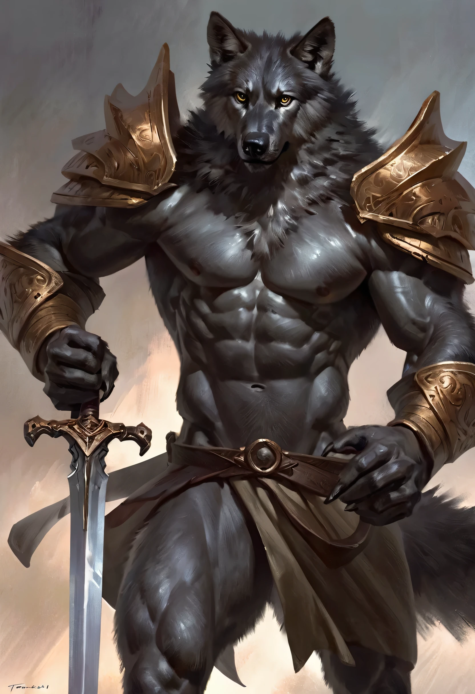 Anthro male black wolf knight holding a two-handed great sword, Alone, arrogant expression, masterpiece, Best Art, Whole body, by taran violinist, detailed eyes, detailed body, claws, high, top-less, Pecs, ABS, Nipples, shoulder pads,