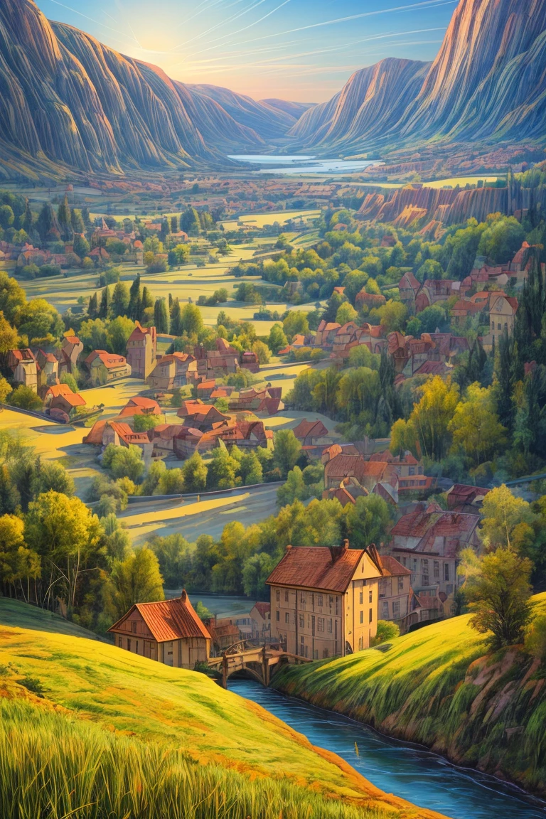 Very detailed, A realistic masterpiece of a surreal and imaginative painting of a medieval city, 8k resolution, Vibrant colors, hyperrealism style, naive art, Sharp focus, Physically Based Rendering, Professional Artistic Compositing, Outdoor natural scenery, green々Leaf, Dreamy atmosphere, Dramatic lighting, Mysterious feeling