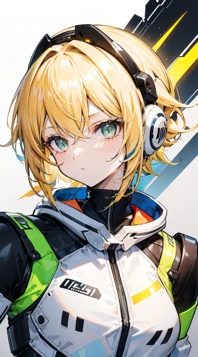 Remove all background,white solid background,black racing suit,Gradient light yellow hair,Neon hair accessories,Light brown eyes,Social People,stand at attention,ID photo