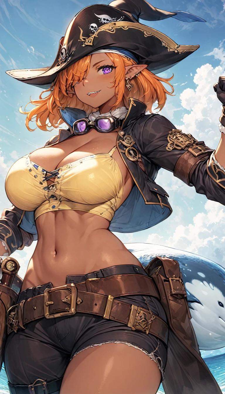 best quality,4k,8k, highres, masterpiece:1.2), ultra-detailed, extremely detailed eyes, extremely detailed body, (large masterpiece digital art), (detailed manga illustration), (detailed line art), ((perfect anatomy)), (intricate details:1.3), (ultra-detailed:1.3), (illustration:1.3), (sharp focus:1.3), (natural lighting:1.05), (vivid colors:1.3), (masterpiece), (best quality:1.4), (perfect anatomy:1.4), high quality, expressive eyes, full body, detailed face, beautiful face, perfect face, 1 girl, breast, large breast, cleavage, detailed hair, medium hair, orange hair, hair over one eye, purple eyes, goggles around neck, (whale girl), fins, pointy ears, pirate, pirate hat, tricorne, earrings, ((yellow shirt)), crop top, cross-laced clothes, belt, wide smile, (sharp teeth), ((cropped jacket)), martial artist stance, (midriff), asymmetrical clothes, (asymmetrical pants), gloves, curvy, two-tone skin, black skin, jewelry, Intricate, High Detail, Sharp focus, dramatic, cinematic lighting, dramatic atmosphere, (((coastline background))), soft bokeh of beach,