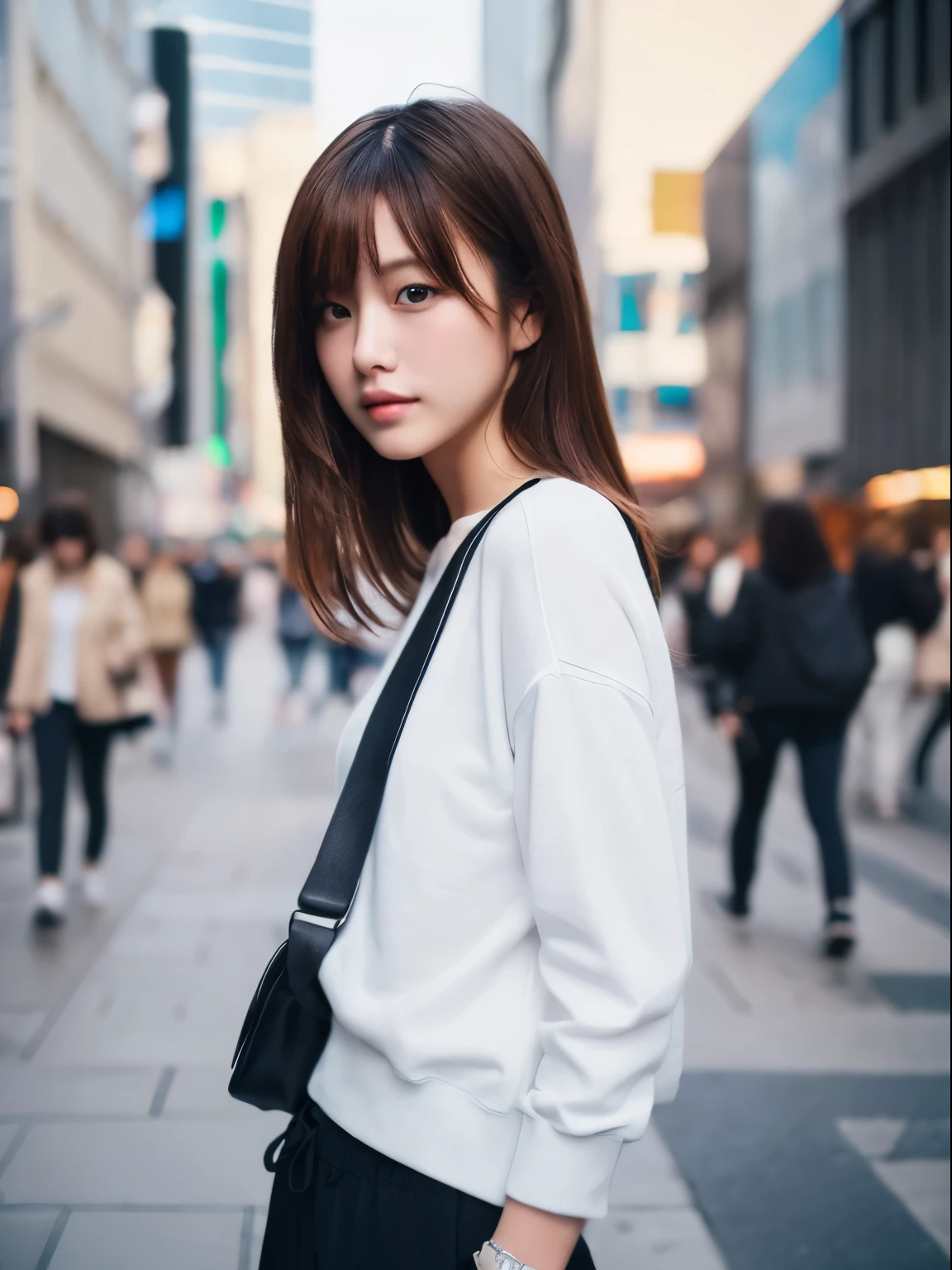 (8k, Top quality, Masterpiece:1.2), (Realistic, photo-realistic:1.37), Super detailed, perfect anatomy, cute, small eyes, pants, 18 years old, a Japanese, girl, cityscape,