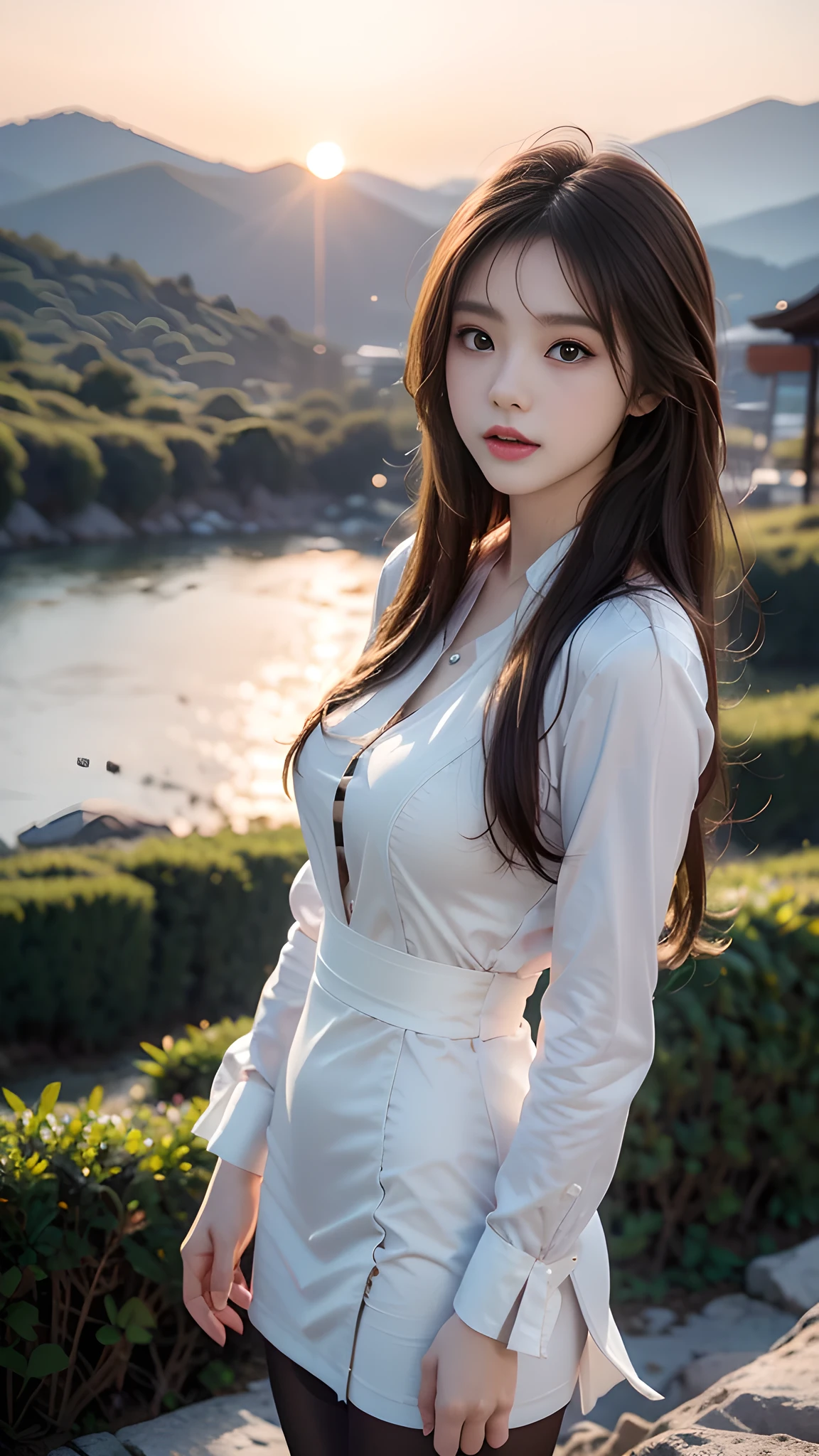 ulzzang-6500-v1.1, (RAW Photos:1.2), (Photorealistic), (Genuine:1.4), １girl、Perfect Anatomy、18 years old、Looking at the camera、Medium Long Hair、dress, ((in the mountains at sunset :1.1))、(Ultra-realistic pantyhose:1.2), (Business services)、Asian Eyes Ella,