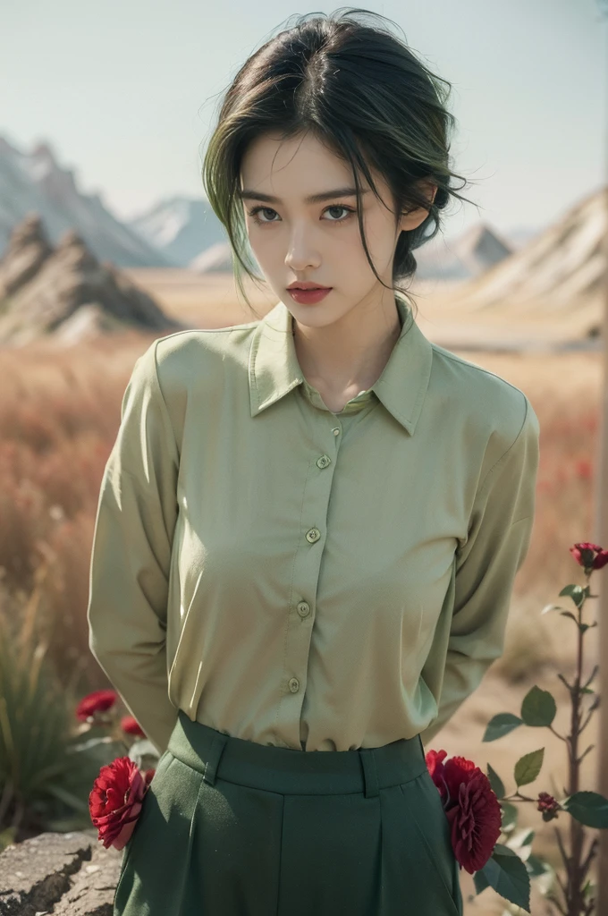 (((best quality))),(((ultra detailed))),(((masterpiece))),illustration,((1 beautiful girl,tomboy,solo)),(short black hair:1.2),((slim,thin)),((small breasts,thin)), vigorous, confident, (light green collared shirt:1.3), (dark green pants:1.2),(standing:1.3),simplicity, robustness, strong features, (Abandoned Gobi Scene:1.3),glowing eyes, rebellious, sensible, (mountainous landscape:1.3), (only one vibrant red flower:1.3),elegance, unyielding spirit, youthful beauty, strength, resilience, adversity, challenges,((from front,upper body))
