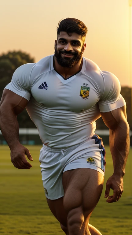 30 years old little mustach Desi mascular dark skin jaat with wetty white shirt with sweat, Full body, rugby player, sport tight pants, vpl, rugby esportive dirty uniform , captivating large eyes, beard indian desi 30yo man with closed smile, large lips, volumeric light, wearing team rugby uniform, muscular chest, long legs, left neck look, neck tribal tattoo, Wide shoulders, nice detailed hands, field rugby bokeh background, colorful golden-hour vivid colors.