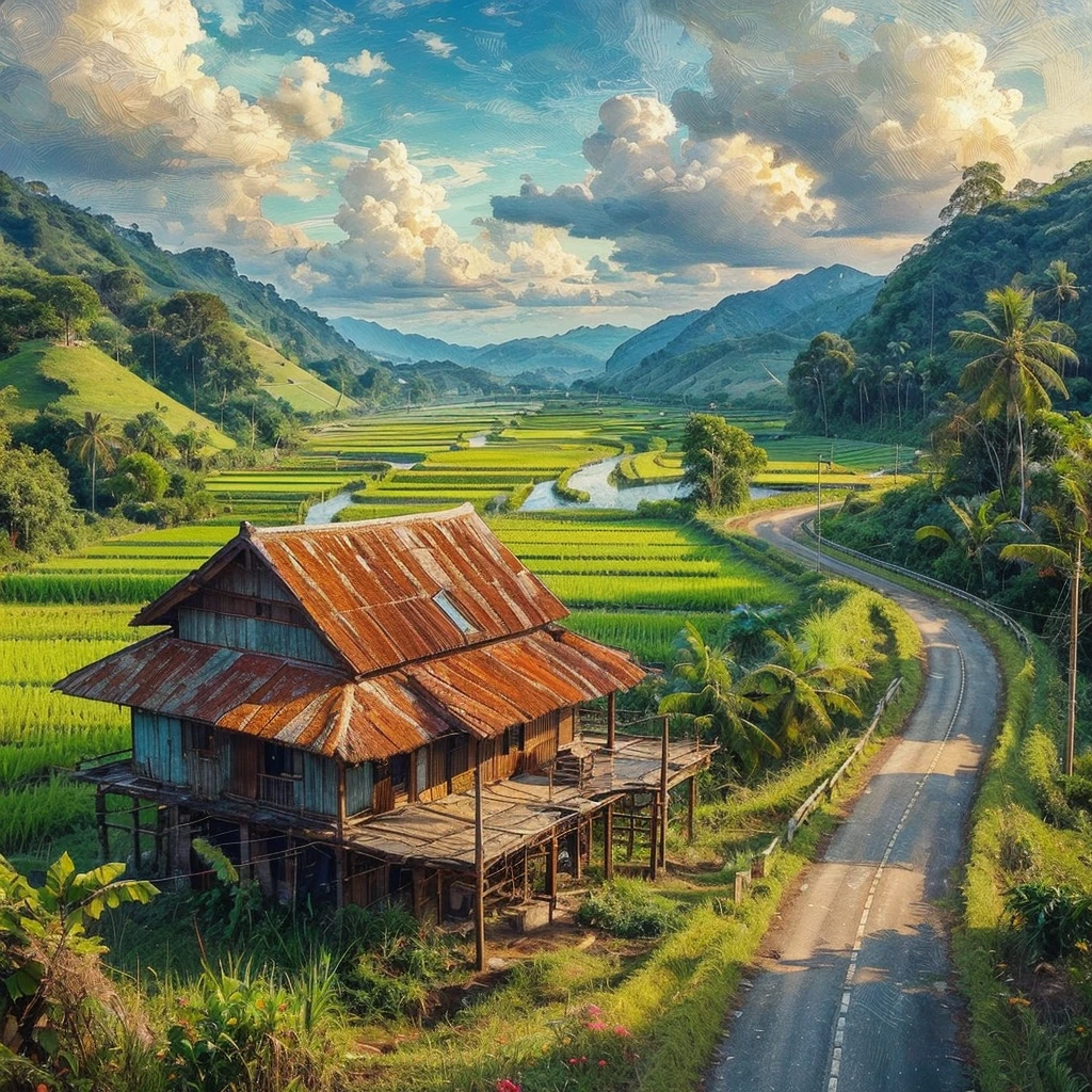 impressionist oil painting with impasto brush strokes, vibrant colors, On a highway for cars, the left side of the winding There is a paddy field in the flat area of Malaysia, On the right side of the tar road there is a village house with a rusty zinc roof, There is a wooden platform to sit on, there is a paddy field around the village house, There are coconut trees, Banana Tree, Weeds, Green hills, The sky and the clouds are clear