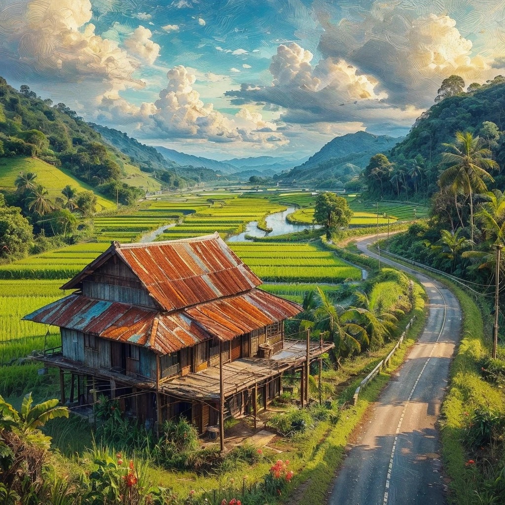 impressionist oil painting with impasto brush strokes, vibrant colors, On a highway for cars, the left side of the winding There is a paddy field in the flat area of Malaysia, On the right side of the tar road there is a village house with a rusty zinc roof, There is a wooden platform to sit on, there is a paddy field around the village house, There are coconut trees, Banana Tree, Weeds, Green hills, The sky and the clouds are clear