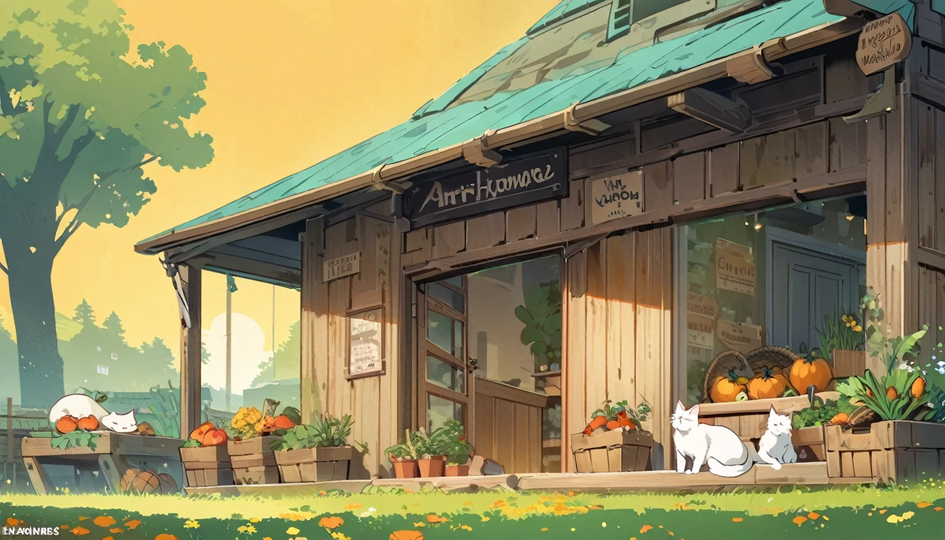 fresh illustration, flat paint style, no humans, leaf,plant, grass, flower, carrot, basket, food, white cat, tomato, simple background, fruit, pumpkin, sitting, potted plant, lettuce, door, closed eyes, yellow flower, tree, open window, apple, storefront, artist name, vegetable, crate, curtains, orange flower, scenery, outdoors, windowsill, mushroom, english text, yellow background, sign, sleeping, house, signature,