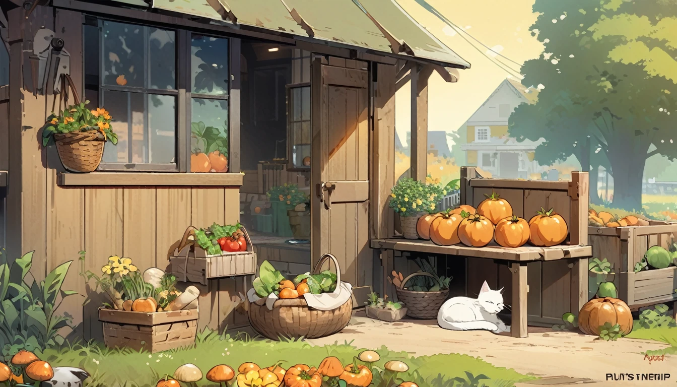 fresh illustration, flat paint style, no humans, leaf,plant, grass, flower, carrot, basket, food, white cat, tomato, simple background, fruit, pumpkin, sitting, potted plant, lettuce, door, closed eyes, yellow flower, tree, open window, apple, storefront, artist name, vegetable, crate, curtains, orange flower, scenery, outdoors, windowsill, mushroom, english text, yellow background, sign, sleeping, house, signature,