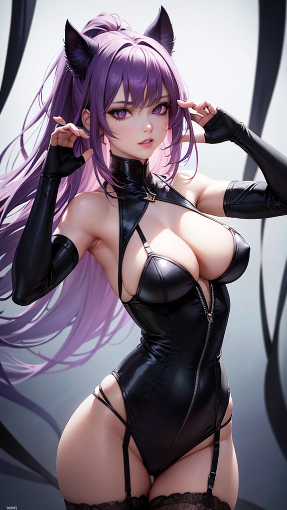 A beautiful girl with short, light purple hair and light purple eyes, wearing a black, sleeveless bodysuit with a deep v-neck, black stockings with a garter belt, and fingerless gloves. She has blue flowers attached to her outfit, and claw-like weapons on her right hand. The background features a twilight sky with a field of grass in the foreground. (best quality,4k,8k,highres,masterpiece:1.2),ultra-detailed,(realistic,photorealistic,photo-realistic:1.37),detailed eyes,detailed lips,extremely detailed eyes and face,long eyelashes,1girl,illustration,oil painting,3D rendering,sharp focus,physically-based rendering,extreme detail description,professional,vivid colors,bokeh,atmospheric lighting,fantasy,dramatic,mysterious