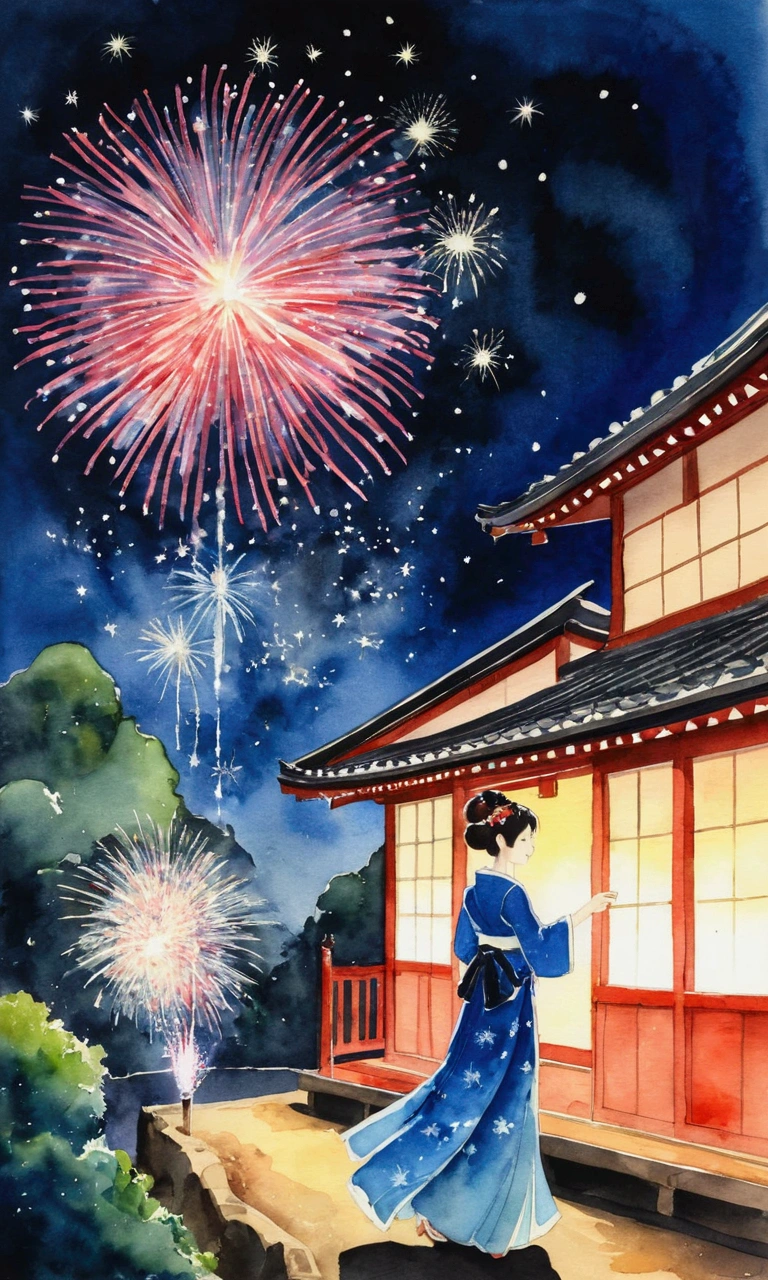 Taisho Romance A very beautiful dressed woman 神社に座ってfireworkを見ている firework Night Sky Watercolor Night Skyにfirework 日本のfirework