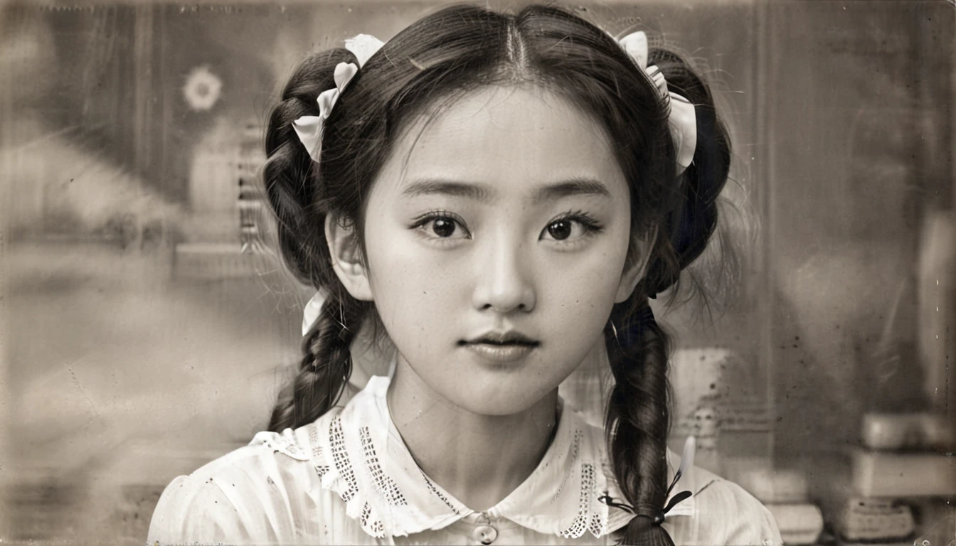(best quality,4K,8k,highres,masterpiece:1.2), Ultra-detail, (realisti,photorealisti,photo-realisti:1.37), Black and white photography, portrait, 1920s, Asian Girl, 19yearsold, direct eye contact, pigtail hair, nice, Retro Style, Vintage Mode