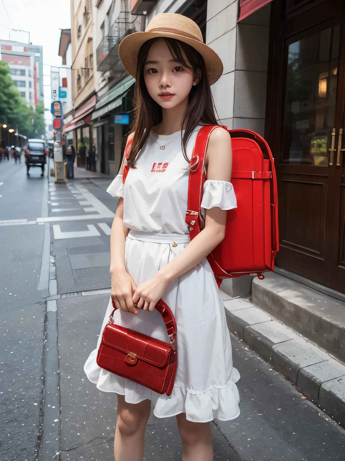 Masterpiece, hd, best quality, 18 y.o, teenager girl, 1girl, Asian girl, brown hair, medium hair, wear white dress, wearing summer hat, standing, outdoor, streets, holding red purses, wearing red backpack, (backpack:1.2)