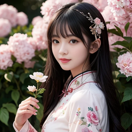 best quality, Delicate face,beautiful visual work, lifelike, eternity, black hair, Long curly hair, blunt bangs, Smile, 在flower园里, flower, Detailed Background, Delicate face,pink blush,cold,((masterpiece))、(top quality)、8k、high detail、Super detailed,21 years old female,Wearing Chinese cheongsam、Seductive and whimsical style、masterpiece、born、Scenes resembling fairy tale illustrations、intricate details和複雜的設計、Beautifully、magic、capricious、 Beautifully、Dream aesthetics、「𝓡𝓸𝓶𝓪𝓷𝓽𝓲𝓬、ethereal、charming、fickle、magic」、realism、Visual effects、FXAA、SSAO、Shader、voiceless、ambient lighting、Tone mapping、High resolution、Ultra high quality、Million pixels、(8K resolution:1.10)、8k、8k以下、8K resolution、high detail、intricate details, (high quality:1.2、masterpiece:1.2、:1.21)、(21 years old female:1.21)、(興奮地Smile)、(Surrounded by the dreamy atmosphere、Model diagram,full-body shot,Normal 2 feet,Don't show your fingers,The fan is unfolded under the chin
