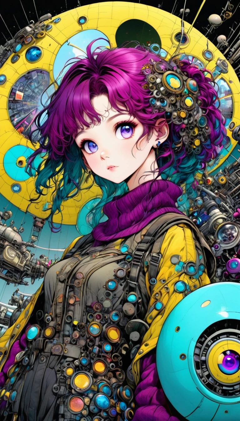 ((pay attention to the plan:1.5, General plan, all-body:1.5)), 1 beautiful girl in technical clothes, Mechanical spider, circles, fractals,(black outline art) by Yoshitaka Amano,Travis Charest. colors, land, Cyan, yellow, Unripe. magenta, violet, Cyan, High definition, image hypersharpness,(best qualityer:1.3, 32 mil,High definition:1.3, 4x ,ultra sharp, high resolution, proffesional) ,cinematographic, Fisheye photography:1.6,