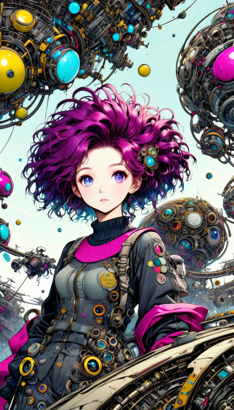 ((pay attention to the plan:1.5, General plan, all-body:1.5)), 1 beautiful girl in technical clothes, Mechanical spider, circles, fractals,(black outline art) by Yoshitaka Amano,Travis Charest. colors, land, Cyan, yellow, Unripe. magenta, violet, Cyan, High definition, image hypersharpness,(best qualityer:1.3, 32 mil,High definition:1.3, 4x ,ultra sharp, high resolution, proffesional) ,cinematographic, Fisheye photography:1.6,