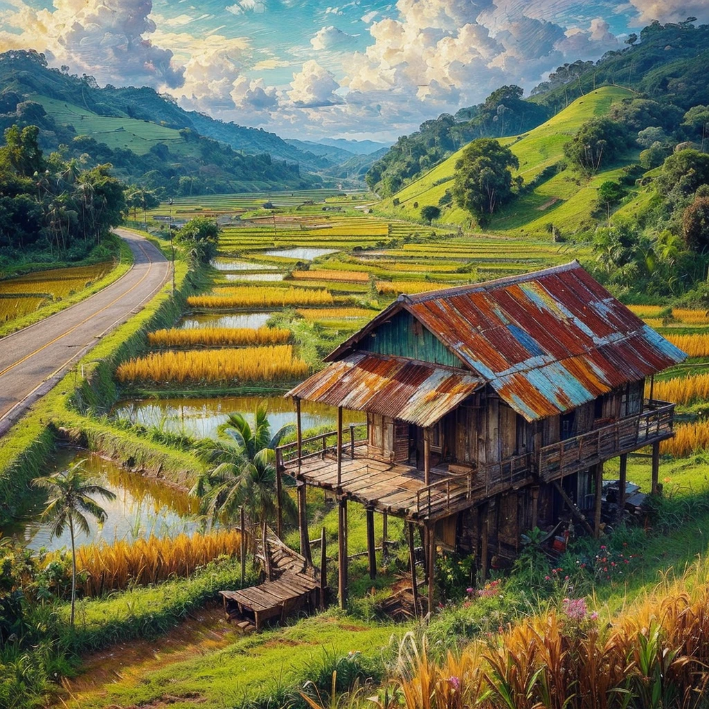 impressionist oil painting with impasto brush strokes, vibrant colors, On a highway for cars, the left side of the winding There is a paddy field in the flat area of Malaysia, On the right side of the tar road there is a village house with a rusty zinc roof, There is a wooden platform to sit on, there is a paddy field around the village house, There are coconut trees, Banana Tree, Weeds, Green hills, The sky and the clouds are clear
