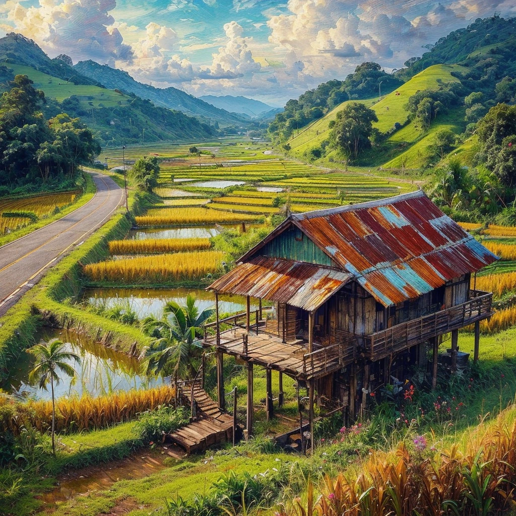 impressionist oil painting with impasto brush strokes, vibrant colors, On a highway for cars, the left side of the winding There is a paddy field in the flat area of Malaysia, On the right side of the tar road there is a village house with a rusty zinc roof, There is a wooden platform to sit on, there is a paddy field around the village house, There are coconut trees, Banana Tree, Weeds, Green hills, The sky and the clouds are clear