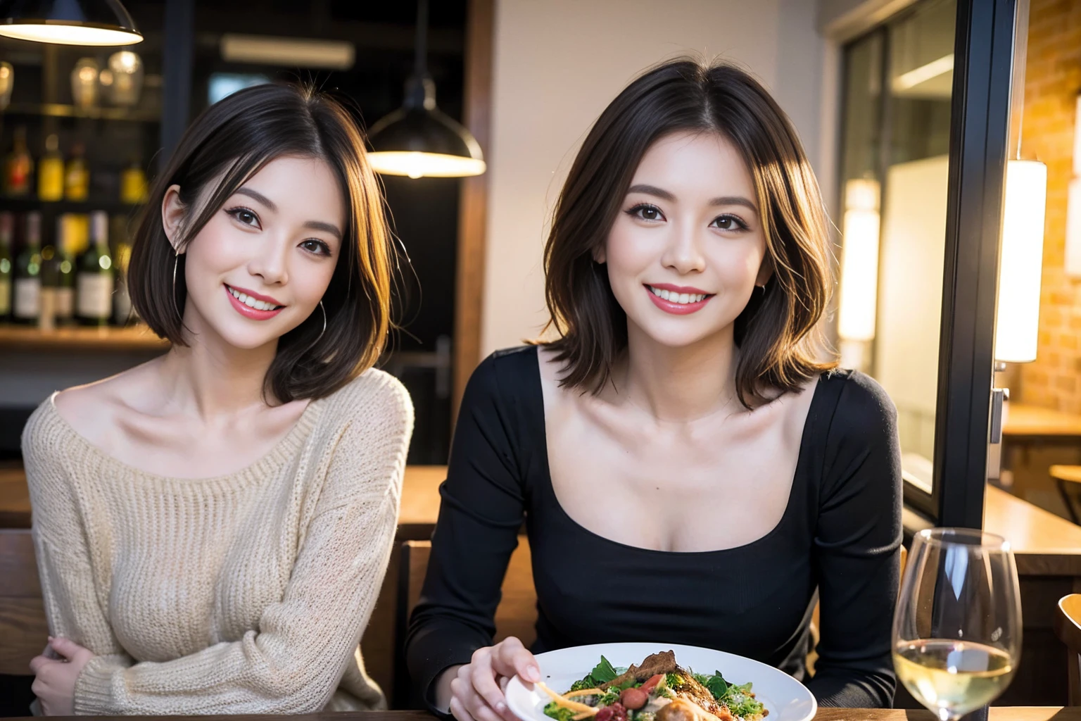 (Realistic:1.1),(masterpiece,Highest quality),8k,(49 years old), 53 years old, slimカップル、Tight waist,Upper Body,full-course dinner、wine 、Amazing view of the sunset sky and clouds、Perfect Anatomy, Brown Hair, short hair,Random Hairstyles,((Highly detailed face and eyes:1.2)),Perfect golden ratio face,Long sleeve shirt、dress,(smile:1.2)、Shortcuts、cute、(Realistic, Intricate details:1.2), A bright smile、short hair,Bright Face、赤wine 、Appetizers、Italian food、wine bottle、Champagne、スパークリングwine、(slimな顔), (The body is slim), (Brown Hair), (Shortcuts), Upper Body, 白wine, slim, wineグラス,