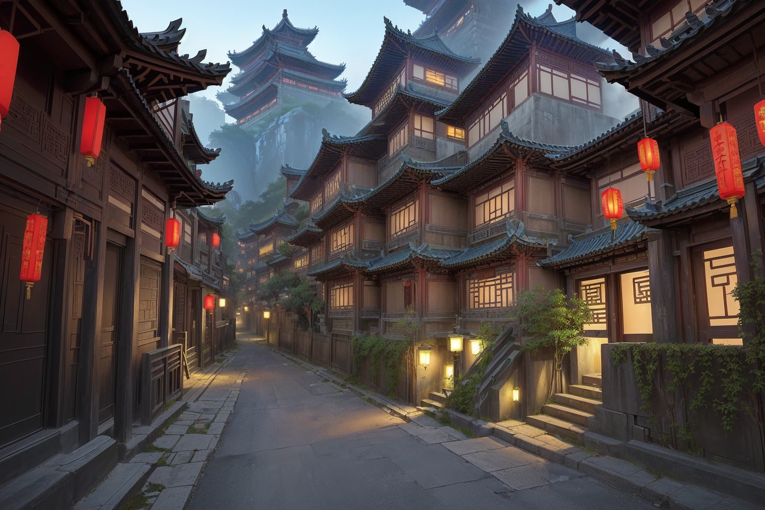 there is a narrow street,There are many buildings and plants, Dream China Town, china village, andreas rocha style, Cyberpunk ancient Chinese castle, Beautiful rendering of the Tang Dynasty, ancient city landscape, The ancient city streets behind her, author:Victor Wang, old asian village, Inspired by Zhang Sengyao, Pan Chengwei on artstation, In an ancient city , ((low angle shot 1.7)) ((Camera lens close to the ground to shoot 1.8))