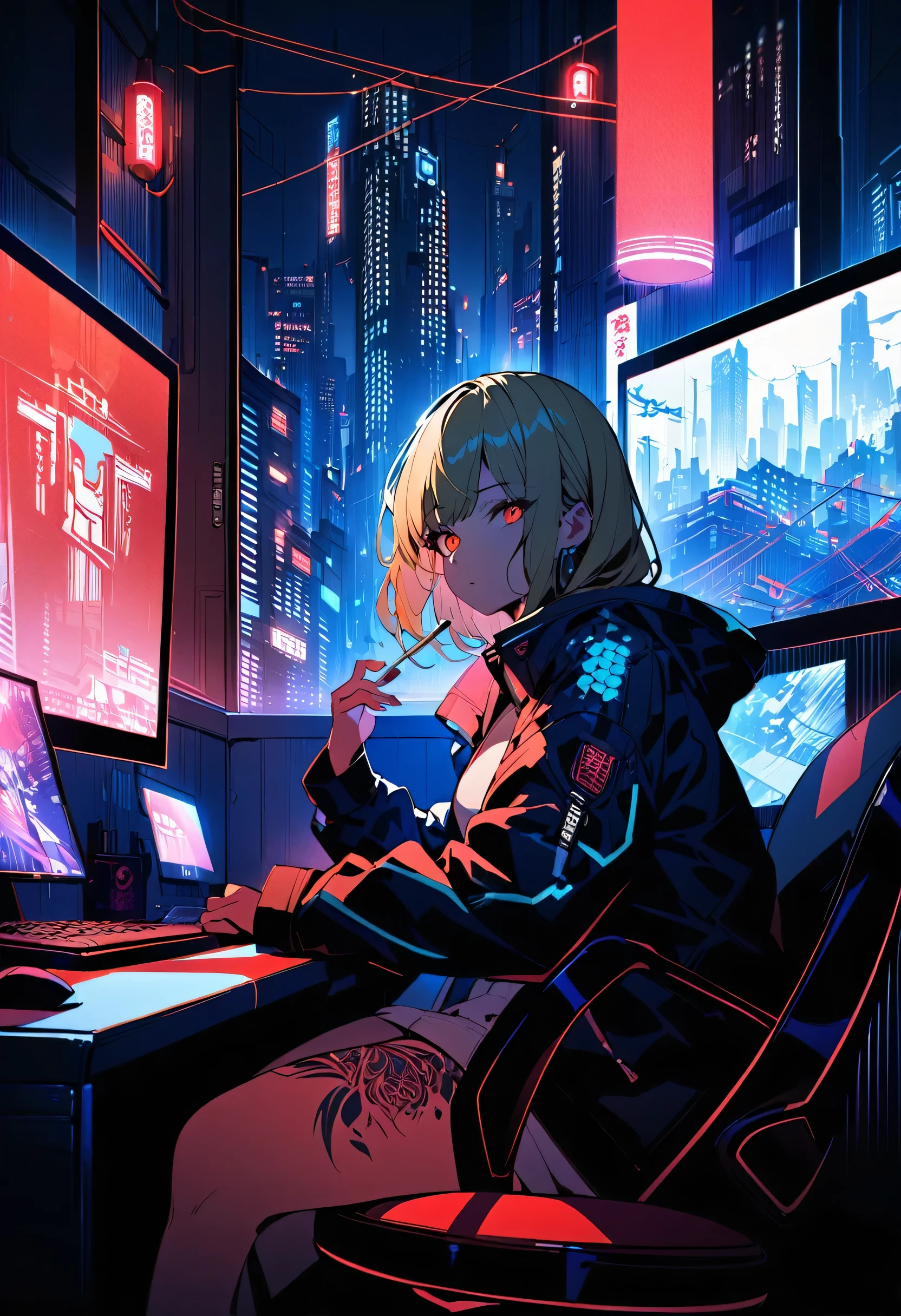 Cyberpunk anime illustration: In the dark room，A woman with medium-length blond hair. She wears a black leather jacket, Have visible tattoos, Smoked a cigarette. Sitting at a desk with multiple screens, One foot on a chair. Large windows display the neon-lit cityscape of Japan. Red paper lanterns with Chinese characters hung nearby. Strong contrast between blue computer light and red lantern light. background: Power lines, Skyscraper, and traditional architecture. Moody, Futuristic Japanese aesthetics that blends tradition with high-tech elements.