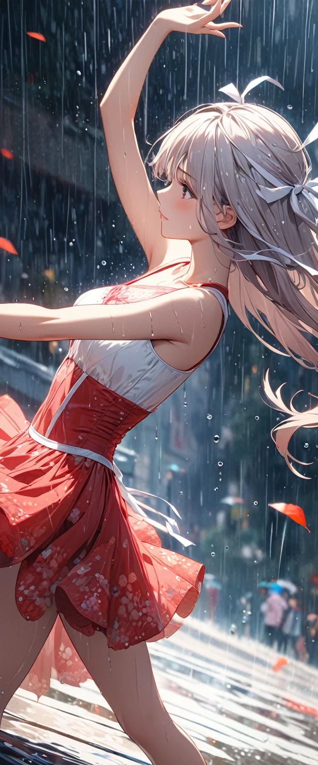 Beautiful girl with long hair wearing red gauze skirt.white ribbon.Classical and elegant dance costumes.Dancing in the rain.close-up.Beautiful and extremely textured foreground and background,detailed, bright, Animation style high definition and high quality presentation((Masterpieces in up to 16K resolution):1.6),((soft_color_photography:)1.5), ((Super detailed):1.4),((Typical static images and dynamic angles):1.3), ( perfect anatomy )Complex patterns, soft shadows, highly detailed structures, digital art, high detail,