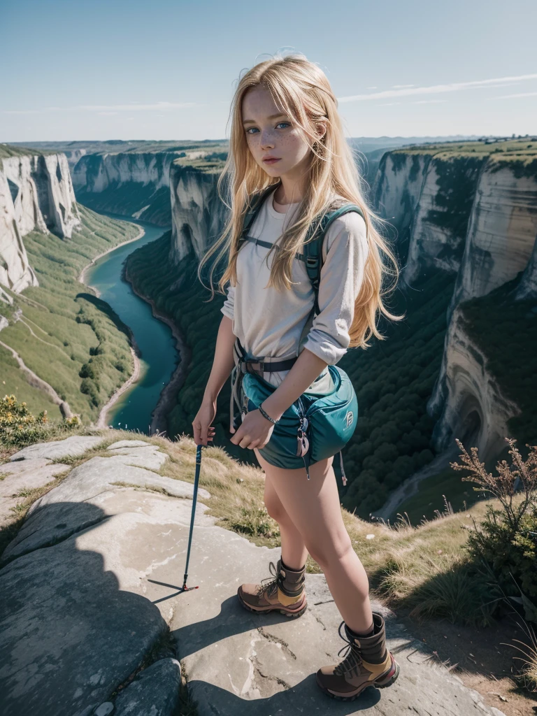 1 girl, ((A blonde girl walking on the edge of a cliff with a stunning view of the valley below)), ((hiking equipment:1.3)). Photography, perfect face, perfect , ((1 girl with beautiful blonde hair)). Ultra detailed face, detailed eyes, ashamed, determined, summer, day time, Mountain boots, full body portrait, dramatic, ultra high resolution. photorealistic:.1.4, (very detailed skin:1.2), 8k hd, DSLR, high quality, film grain, Fujifilm XT3 (((((real life image))))) (((petite))) (((small)))