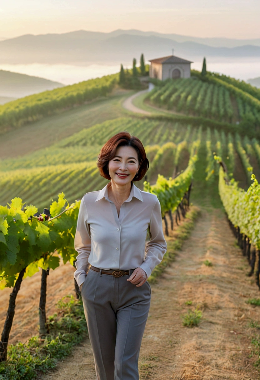Italy foggy countryside dawn, Endless vineyards, A cathedral can be seen far away in the fog.. Close-up of a Korean woman in her 40s, Wearing a luxury brand long-sleeved shirt, gray casual pants, Korean woman with beautiful short medium bob hair, Standing on a path on top of a vineyard hill, Korean woman with bright and beautiful skin, Stunning Korean woman smiling, standing in the vineyard , 1 woman