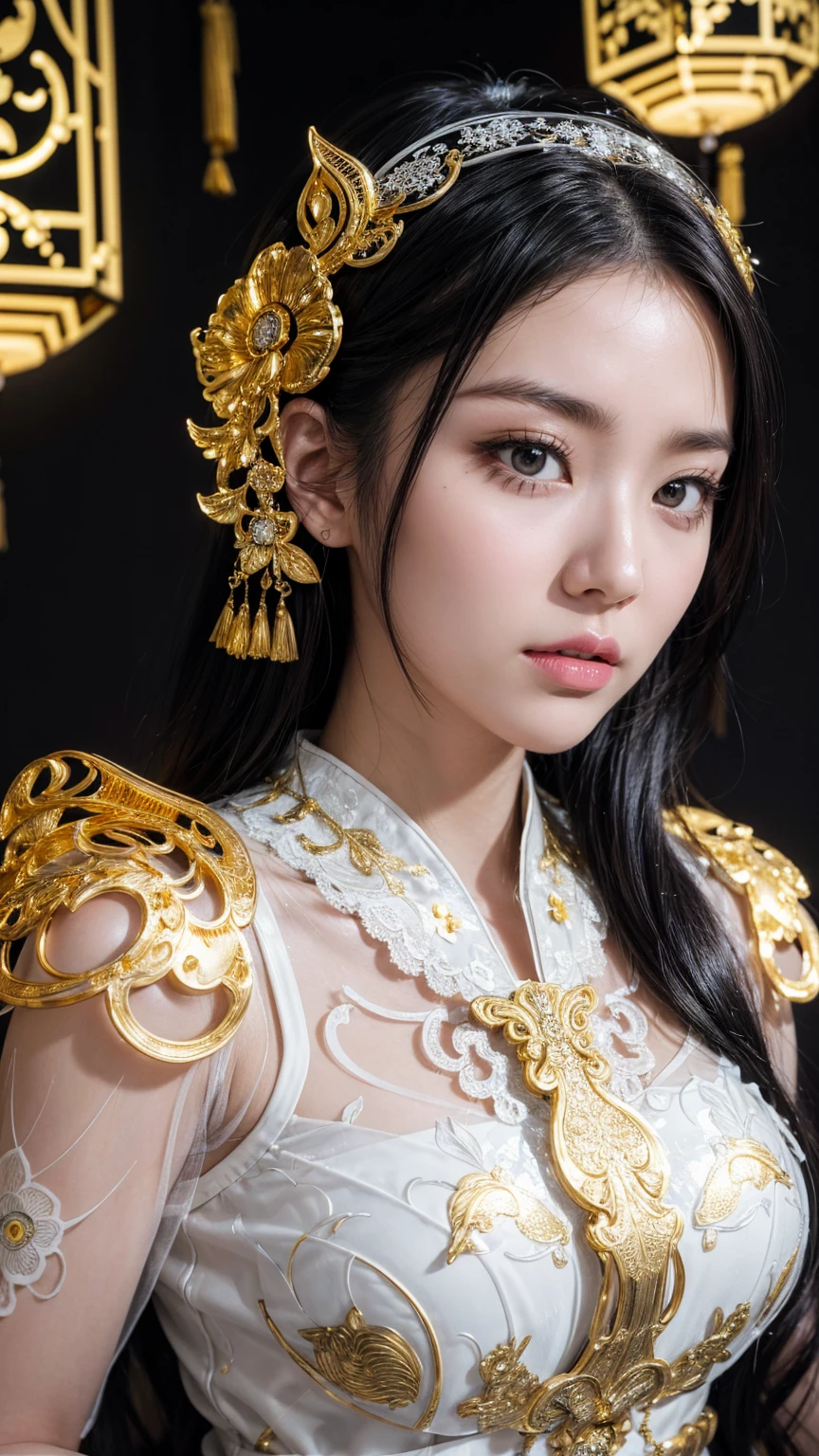 A portrait photo of a Japanese woman in her twenties，Made of white and silver clear glass and plastic, Geisha makeup, Black Hairstyle, Silver and gold metal interior, Dynamic poses, Fluid organic structure, Fine carving, Lace design, Glowing golden circuit, colorful Neon decoration, Fine carving, Lace design, Light-emitting circuit, Neon decoration, h&#39;s Artwork.R. Giger, Greg Rutofsky