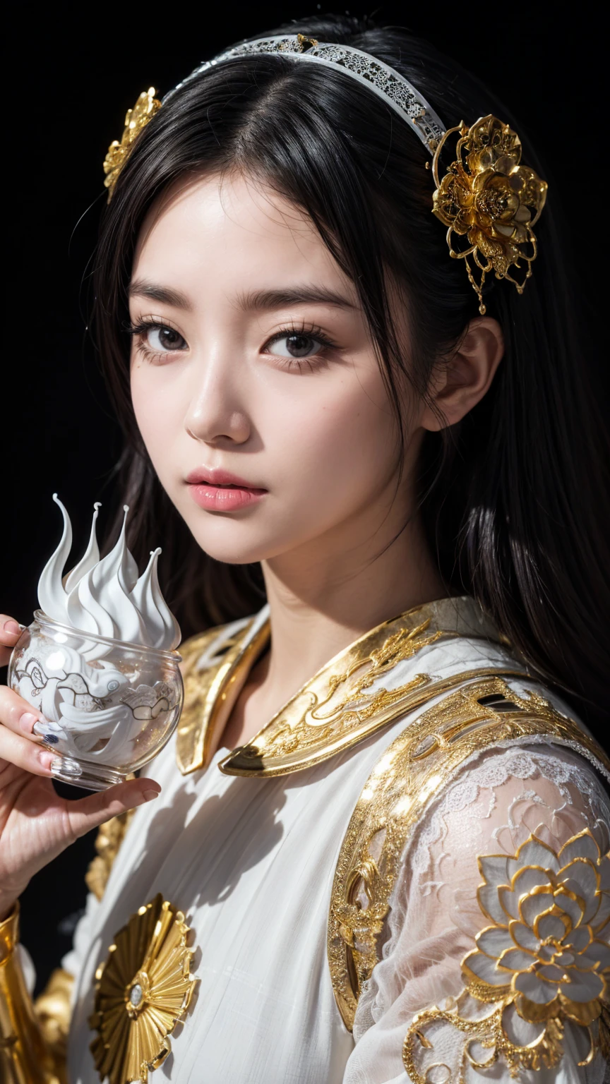 A portrait photo of a Japanese woman in her twenties，Made of white and silver clear glass and plastic, Geisha makeup, Black Hairstyle, Silver and gold metal interior, Dynamic poses, Fluid organic structure, Fine carving, Lace design, Glowing golden circuit, colorful Neon decoration, Fine carving, Lace design, Light-emitting circuit, Neon decoration, h&#39;s Artwork.R. Giger, Greg Rutofsky