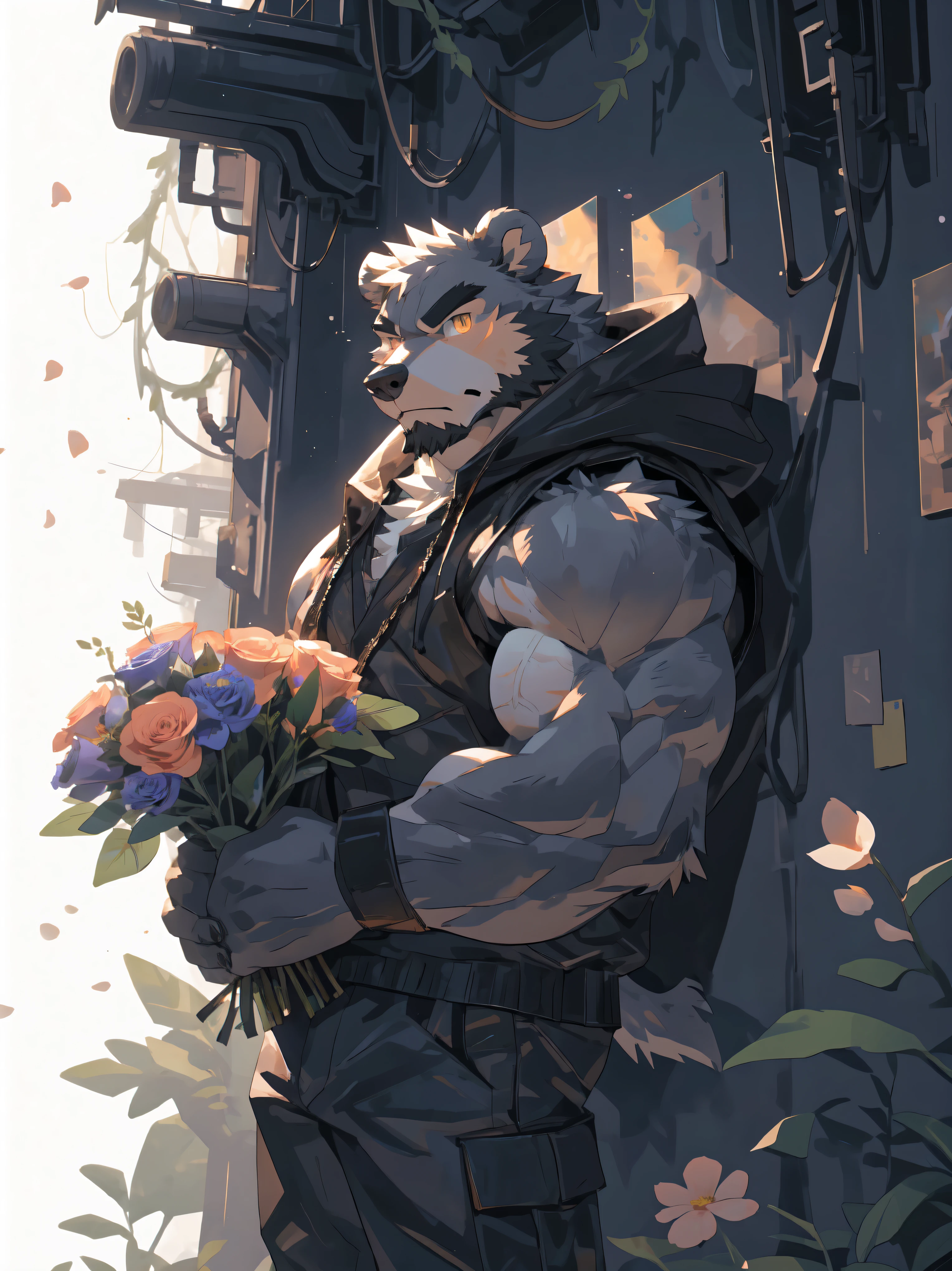 ultra-detailed,extremely detailed and beautiful, sky and white cloud and sunset glow background,ultra-detailed birds, (floating city in bloom, Floating petals, blooming gardens in the sky, many vines on the wall:1.2),Imagination,(masterpiece:1.2), best quality,pixiv,official art,perfect anatomy, (Ray tracing, light),solo, (1_male:1.3) , (muscle), (grey fur:1.4), (muscle bear), (beard:1.2), (gleaming golden eyes), bear tail,Thick black eyebrows, (open short hoodie), (naked inside),cargo shorts, (pure white background: 1.3), looking at viewer,dynamic pose, (holding a bouquet:1.3),(flower:1.3),(leaves:1.3),(portrait:1.3),glare,detail