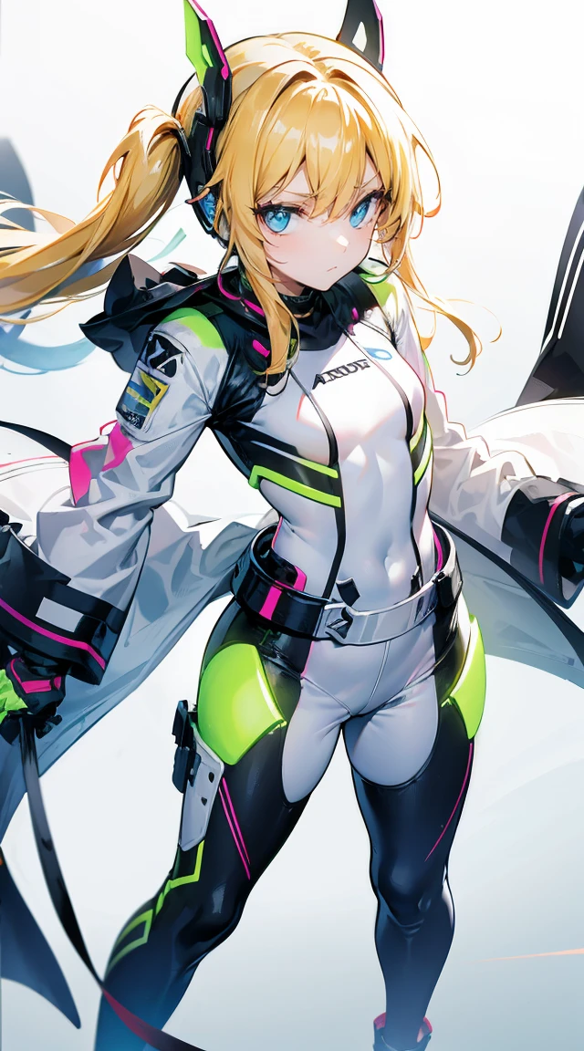 Remove all background，white solid background，black racing suit，Gradient light yellow hair，Neon hair accessories，Light brown eyes，Social People，stand at attention，ID photo，whole body