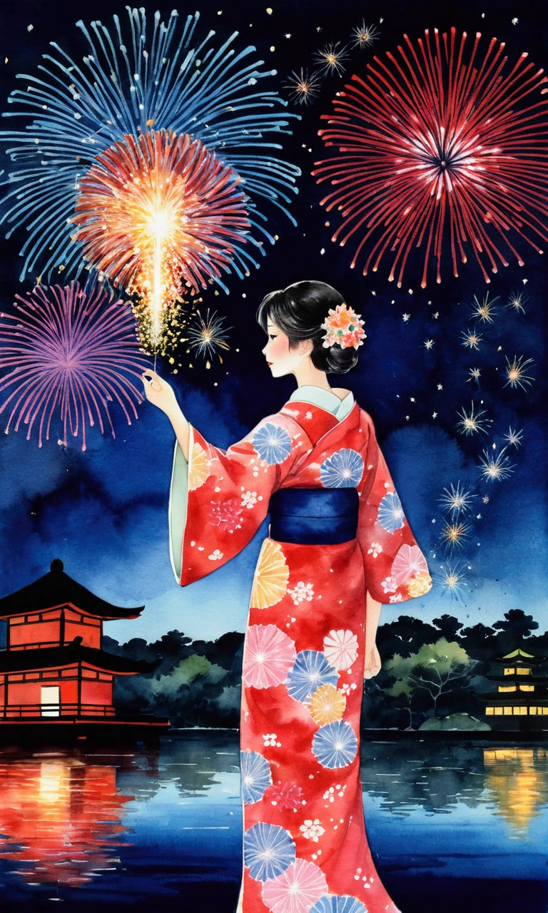 Taisho Romance A woman in a very beautiful kimono Very beautiful Japan woman kimono Japanese woman in kimono 神社でfireworkを見ている firework Night Sky watercolor Night Skyにfirework 日本のfirework