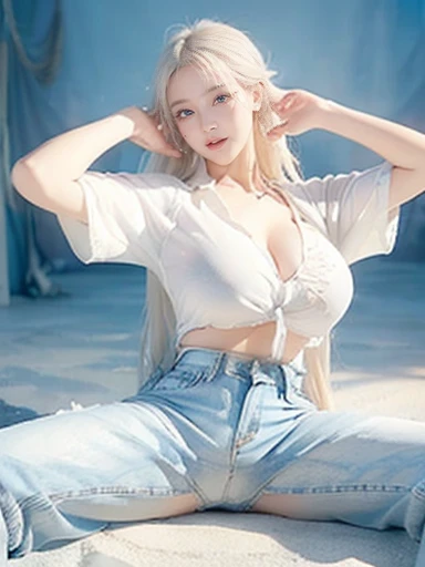 ((Highest quality))、((Very detailed))、(Detailed eyes:1.6))、((Spread legs pose:1.6))、(Huge breasts:1.4)、(Steamy sweat:1.3)、Platinum Blonde Hair、Braided hair、(Plain Shirt:1.4)、smile、splash、Beach、(Exposed areola:1.2)、Denim pants、(Detailed fingers)、Knee Up