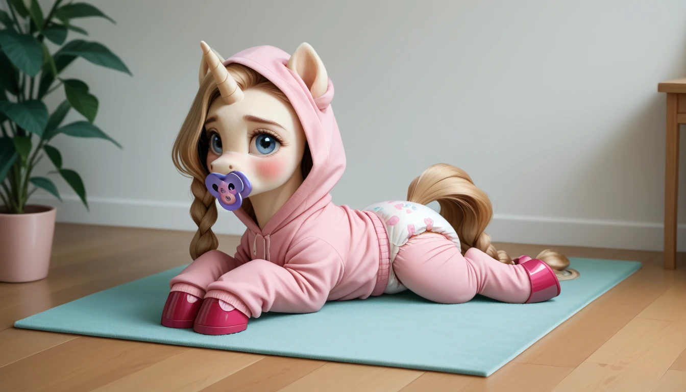 pony, light caramel unicorn, adult filly, sitting on a soft play mat, wearing a pink baby vest and adult size pink foal booties, pink pacifier in mouth, solo, cubes on the floor, additional lining in clothing around the croup, thick pale pink diaper under clothes.