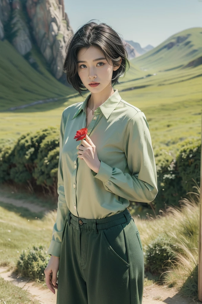 (((best quality))),(((ultra detailed))),(((masterpiece))),illustration,((1 beautiful girl,tomboy,solo)),(short black hair:1.3),((slim,thin)),((small breasts,thin)), vigorous, confident, (light green collared shirt:1.3), (dark green pants:1.2),(standing:1.3),simplicity, robustness, strong features, (Abandoned Gobi Scene:1.3),glowing eyes, rebellious, sensible, (mountainous landscape:1.3), (only one vibrant red flower:1.3),elegance, unyielding spirit, youthful beauty, strength, resilience, adversity, challenges,((from front,upper body))
