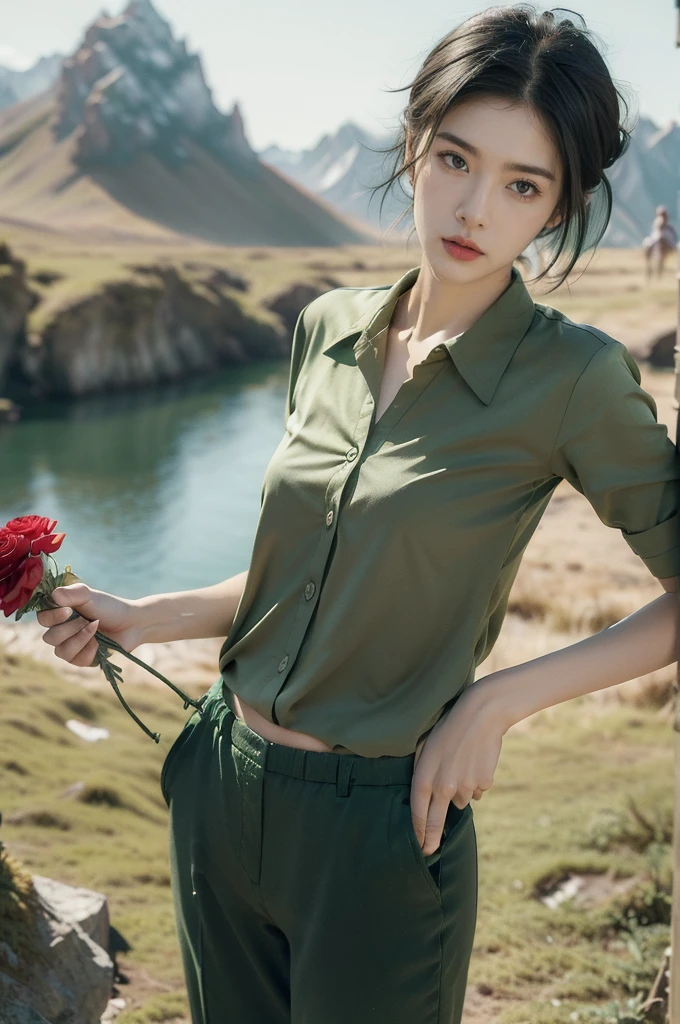(((best quality))),(((ultra detailed))),(((masterpiece))),illustration,((1 beautiful girl,tomboy,solo)),(short black hair:1.3),((slim,thin)),((small breasts,thin)), vigorous, confident, (light green collared shirt:1.3), (dark green pants:1.2),(standing:1.3),simplicity, robustness, strong features, (Abandoned Gobi Scene:1.3),glowing eyes, rebellious, sensible, (mountainous landscape:1.3), (only one vibrant red flower:1.3),elegance, unyielding spirit, youthful beauty, strength, resilience, adversity, challenges,((from front,upper body))