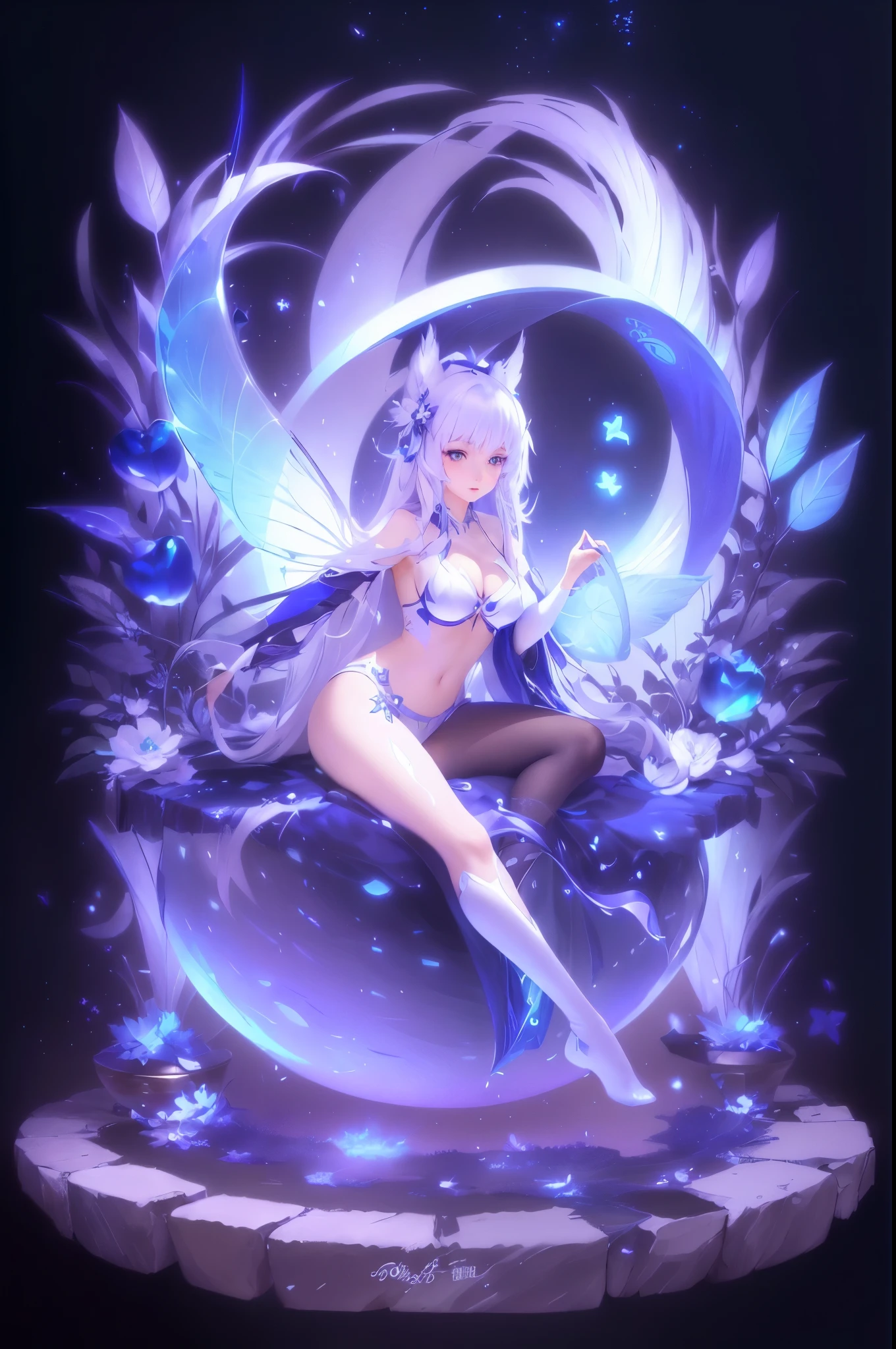 Anime girl sitting on a blue ball with a white feather, silver fox art, fantasy art style, astral fairy, anime fantasy artwork, Anime fantasy illustration, beautiful fantasy anime, High quality detailed 8K graphics, fanart best art station, Anime Art Wallpaper 4k, anime art wallpaper 4k, anime art wallpaper 8k, 2. 5 d cgi anime fantasy artwork