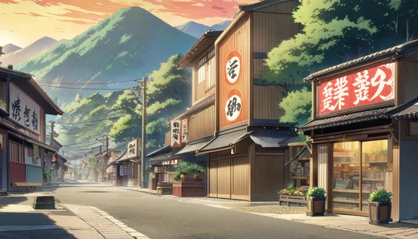 fresh illustration, flat paint style, no humans,anime background, anime wallpaper, anime, anime style, admiration, admiration style, modern japanese streets, mountains, uphill, japanese showa era architecture, small japanese shops, big retro japanese shop signs, retro japan shop, tree, plant, rock, flowerpot, shop sign, japanese banner, japanese sign, flag, sunrise, golden hour, golden lighting, empty street, nobody in sight, (nobody: 1), Top quality, ghibli, Taisho Roman