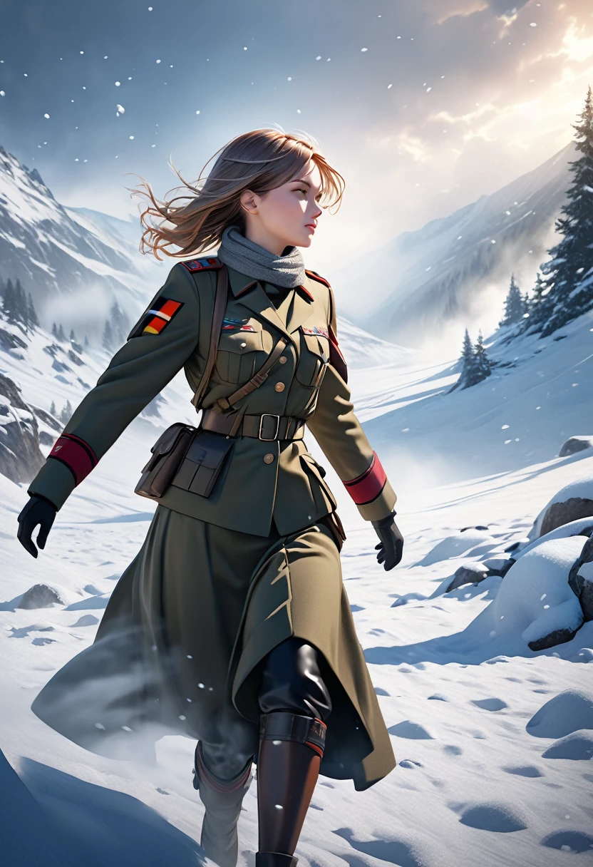 a girl soldier from the former german army, walking alone through a snowy battlefield, ultra detailed, 8k, hyper realistic, cinematic lighting, volumetric fog, dramatic, stunning winter landscape, snowflakes dancing beautifully, fantasy, photorealistic, physically-based rendering, vivid colors, intricate details, sharply focused, dramatic lighting, dramatic poses, strong contrasts, epic, grandiose, heroic, emotional
