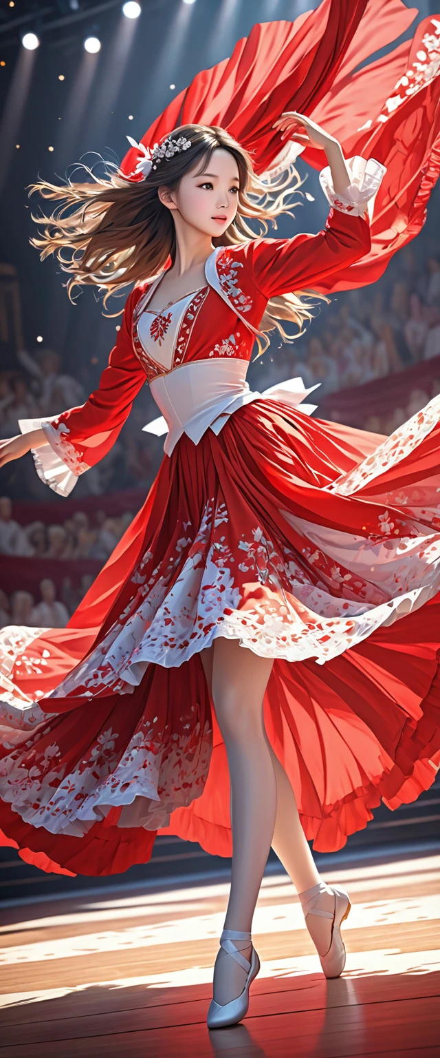 Long-haired dancer wearing red gauze skirt.white ribbon.Classical and elegant dance costumes.Dancing on the stage.Beautiful and extremely textured foreground and background，detailed, bright, Animation style high definition and high quality presentation((Masterpieces in up to 16K resolution):1.6),((soft_color_photography:)1.5), ((Super detailed):1.4),((Typical static images and dynamic angles):1.3), ( perfect anatomy )Complex patterns, soft shadows, highly detailed structures, digital art, high detail, 